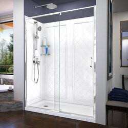 DreamLine DL-6230L-01 The DreamLine Flex pivot shower door, SlimLine base, and Q-Wall backwall kit offers modern appeal at a budget friendly price point. The versatile Flex model combines cutting-edge pivot hardware, simple installation and