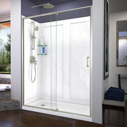 DreamLine DL-6228L-04 The DreamLine Flex pivot shower door, SlimLine base, and Q-Wall backwall kit offers modern appeal at a budget friendly price point. The versatile Flex model combines cutting-edge pivot hardware, simple installation and