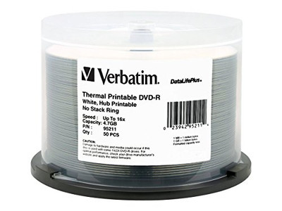 VERBATIM CORPORATION 95211 50PK DVD-R 16X 4.7GB WHITE THERMAL HUB PRINTABLE SPINDLE