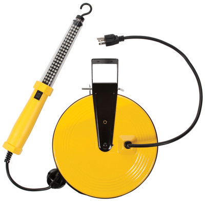 BAYCO LIGHTING BAY-SL-864 60 LEDs rated at 120 lumens; floodlight pattern  Two built in magnets, & detachable hook   Attached to a 50 retractable cord inside of a metal reel  Includes mounting brackets for attaching the reel to the wall or ceiling