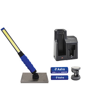 Astro Pneumatic AST-80SLC Dual COB LED 800lm main light (up to 3.25hrs on high) features simple thumb wheel adjustment for output, also includes 150 lumen top flashlight  Includes high output wall adapter, cable, charging base, suction cup base,