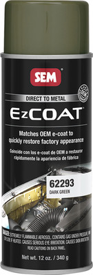 SEM Products SEM-62293 Ez Coat is a direct to metal coating that matches the color and gloss of factory primer and e-coat colors  Size: 16 oz. Aerosol  Quantity per Case: 6  OEM recommended  Duplicates factory appearance  Direct to steel and aluminum