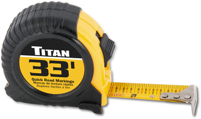 Titan TTN-10908 33 tape measure  Easy, quick-read markings  Tough, impact resistant plastic case  Ergonomic cushion grip  Hands-free blade lock