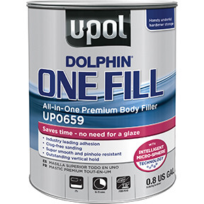 U-POL Products UPL-UP0659 Dolphin One Fill is an All-In-One Premium Body Filler. One Fillsintelligent micro-sphere technology formula builds like body filler yet is super smooth and pinhole free like glaze so you can skip the glaze and get on to