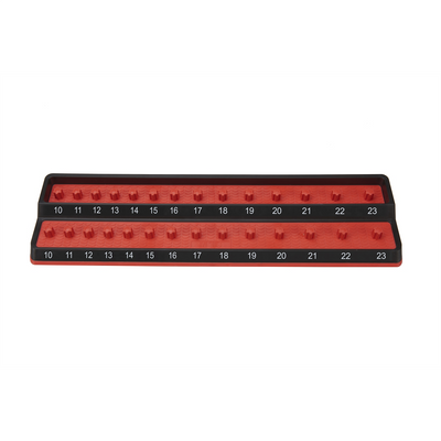 Mechanics Time Savers MTS-PSH50M-RED Friction Peg Socket Holders are designed for Shallow & Deep Sockets   Made of a chemical resistant rubber over mold with easy to read socket size indicators   These two-row socket holders can be stored in a