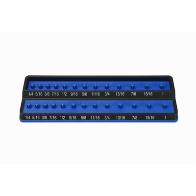 Mechanics Time Savers MTS-PSH38S-BLU Friction Peg Socket Holders are designed for Shallow & Deep Sockets   Made of a chemical resistant rubber over mold with easy to read socket size indicators   These two-row socket holders can be stored in a