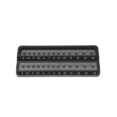 Mechanics Time Savers MTS-PSH25M-GRY Friction Peg Socket Holders are designed for Shallow & Deep Sockets   Made of a chemical resistant rubber over mold with easy to read socket size indicators   These two-row socket holders can be stored in a