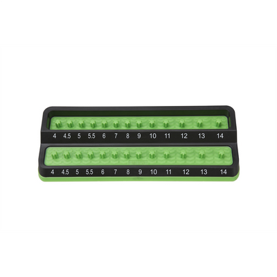 Mechanics Time Savers MTS-PSH25M-GRN Friction Peg Socket Holders are designed for Shallow & Deep Sockets    Made of a chemical resistant rubber over mold with easy to read socket size indicators    These two-row socket holders can be stored in a