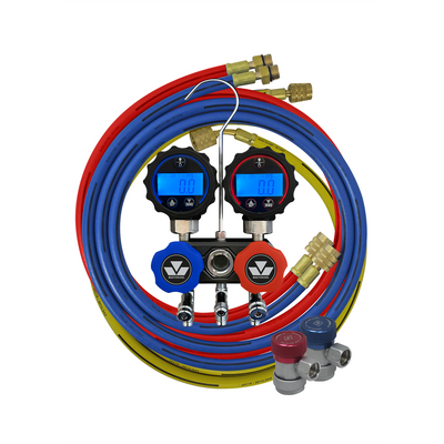 MASTERCOOL MSC-84472 Compact black anodized aluminum block with matte chrome fittings.  Easily perform pressure/temperature calculations for up to 91 different refrigerants.  Unit conversion between MPa, kPa, bar, psi, kg/cm2, inHg.  Large sight