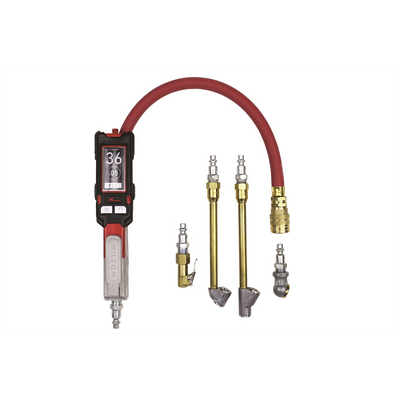 Milton Industries MIL-S-580EKIT Kit comes complete with Gage & Coupler Hose Whip. Also includes 4 interchangeable air chucks with plug connector.  1) Ball Foot Air Chuck 2) Dual Head Air Chuck 3) Dual Head Straight Foot Chuck 4) Easy-On Air Chuck