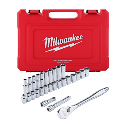 Milwaukee Tool 28 pc 1/2" Drive Metric Ratchet and Socket Set with FOUR FLAT Sides