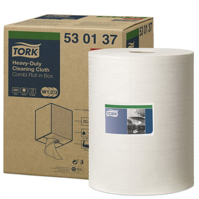 Tork Molnlycke 530137 Heavy Duty Centerfeed Cleaning Cloth, 9.84 in Dia x 349 ft L x 12.59 in W Roll, 280, Spunlace, White