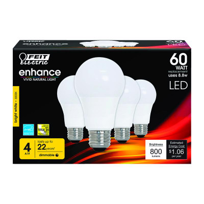 LED A19 E26 BW 60W 4PK Feit Electric A19 E26 (Medium) LED Bulb Bright White 60 Watt Equivalence 4 pk