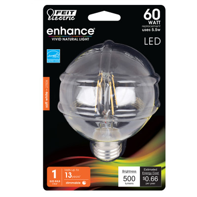LED G25 E26 SW 60W DIM Feit Electric Enhance G25 E26 (Medium) Filament LED Bulb Soft White 60 Watt Equivalence 1 pk