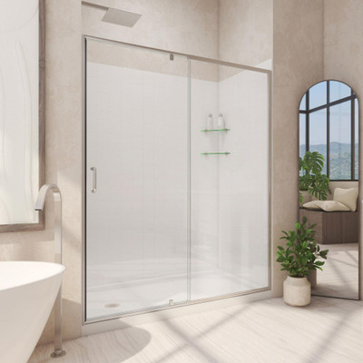 DreamLine Flex 34"D x 60"W Pivot Shower Door Kit with Base and White Wall in Brushed Nickel