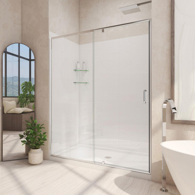 DreamLine Flex 34" D x 60" W Pivot Shower Door Kit with Base and White Wall Panels, Chrome