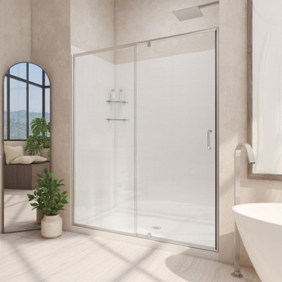 DreamLine Flex 36x36 Pivot Shower Door, Base & White Wall Kit, Brushed Nickel