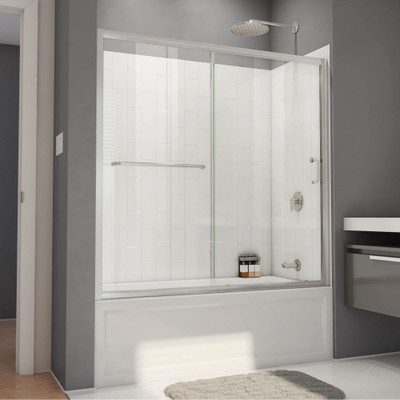 DreamLine Infinity-Z 56-60 in. W x 60 in. H Sliding Tub Door with White Wall Kit, Brushed Nickel