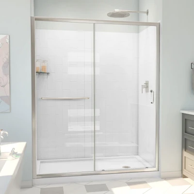 DreamLine Infinity-Z 32x60x78.75 in. Brushed Nickel Sliding Shower Door, Base & Wall Kit, Clear Glass