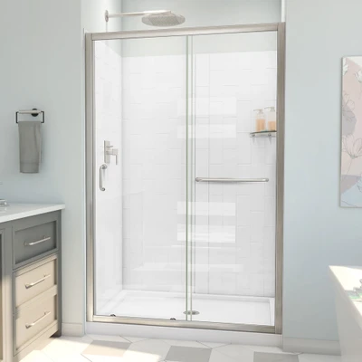 DreamLine Infinity-Z 36x48x78.75 Sliding Shower Door Kit with Base and Wall Panels, Brushed Nickel
