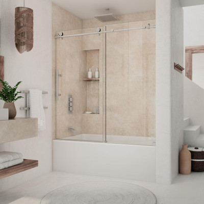 DreamLine Continuum 55-59" W x 62" H Sliding Tub Door, Brushed Stainless Steel, Tempered Glass