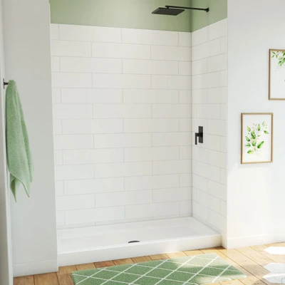 DreamLine DreamStone 32" D x 60" W White Modern Subway Pattern Shower Base and Wall Kit