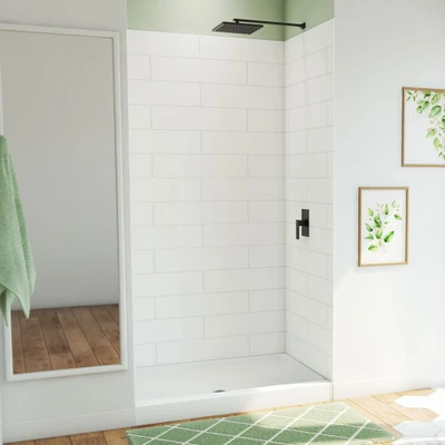 DreamLine DreamStone 32 in. D x 48 in. W Shower Base and Wall Kit, White Subway