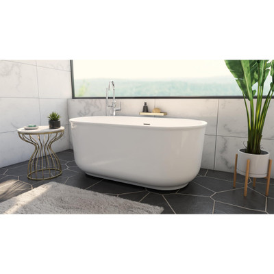 DreamLine Alliance Pro 59" Freestanding Acrylic Soaking Bathtub, White, Polished Nickel Drain