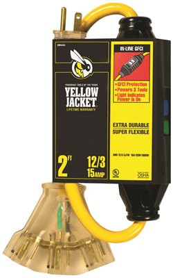 COLEMAN CABLE 283424 Yellow Jacket 12/3 SJTW In-Line GFCI with 3-Outlet Lighted Power Block, 2-Feet, Yellow