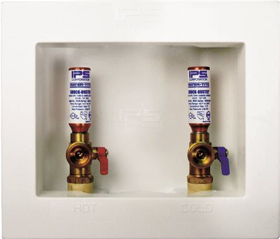 IPS CORPORATION 301058 Water-Tite Econo Center Drain Washing Machine Outlet Box with Brass Quarter-turn Hammer Arrester Valves Installed, 1/2" CPVC Connection, White