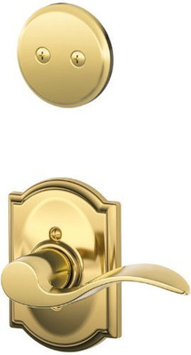 SCHLAGE F94ACC605CAMLH Lock Company Polished Brass Interior Pack Accent Lever Left Handed Dummy Interior Pack with Deadbolt Cover Plate and Decorative Camelot Rose