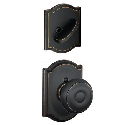 SCHLAGE F59GEO716CAM  Aged Bronze Georgian Interior Pack Knob Set with Single Cylinder Deadbolt and Decorative Camelot Rose