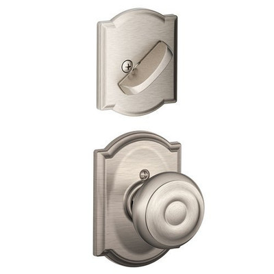SCHLAGE F59GEO619CAM Lock Company Satin Nickel Interior Pack Georgian Interior Pack Knob Set with Single Cylinder Deadbolt and Decorative Camelot Rose (Interior Half Only).