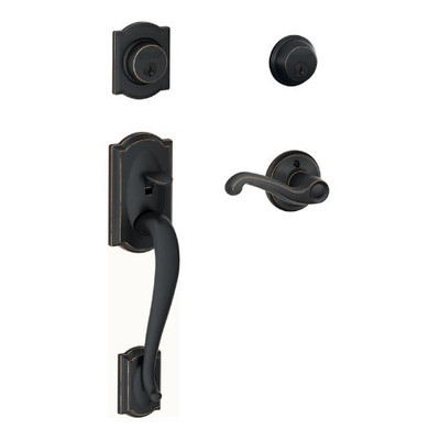 SCHLAGE F62CAM716FLARH F62-CAM-FLA-RH Camelot Right Hand Double Cylinder Handleset with Flair I, Aged Bronze