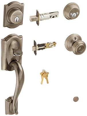 SCHLAGE F62CAM620GEO Camelot Double Cylinder Antique Pewter Handleset with Georgian Interior Knob