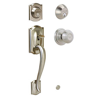 SCHLAGE F62CAM619GEO Camelot Handleset w Georgian Interior Knob in Satin Nickel - Double Cylinder - F62 CAM 619 GEO (Satin Nickel)