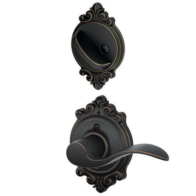 SCHLAGE F59ACC716BRKLH  Aged Bronze Interior Pack Accent Left Handed Interior Pack Lever Set with Single Cylinder Deadbolt and Decorative Brookshire Rose (Interior Half Only).