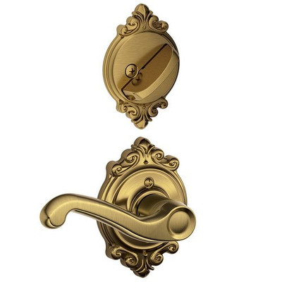 SCHLAGE F59FLA609BRKRH  Antique Brass Flair Right Handed Interior Pack Lever Set with Single Cylinder Deadbolt and Decorative Brookshire Rose