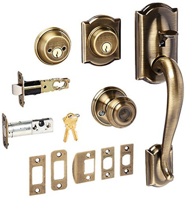 SCHLAGE F62CAM609GEO  Antique Brass Camelot Double Cylinder Handleset with Georgian Interior Knob from the F-Series