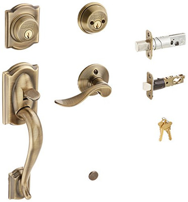 SCHLAGE F62CAM609ACCLH  Camelot Handleset Keyed 2-Sides with Accent Left-handed Lever, Antique Brass