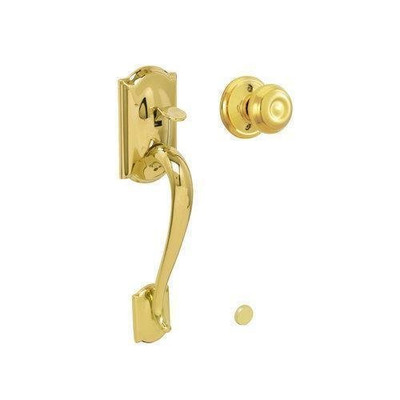 SCHLAGE FE285CAM505GEO  Lifetime Polished Brass Camelot Lower Handleset Featuring the Georgian Knob for Use with Electronic Deadbolt