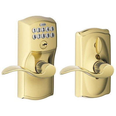 SCHLAGE FE595CAM505ACC FE595 CAM 505 ACC Camelot Keypad Entry with Flex-Lock and Accent Levers, Bright Brass.