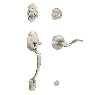 SCHLAGE F62PLY619ACCRH Plymouth Double Cylinder Satin Nickel Handleset with Accent Interior Lever