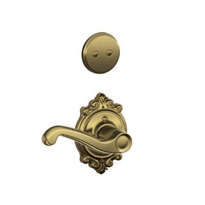 SCHLAGE F94FLA609BRKLH Lock Company Flair Lever Left Handed Dummy Interior Pack with Deadbolt, Antique Brass