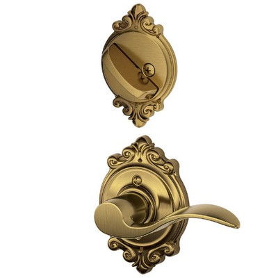 SCHLAGE F59ACC609BRKLH Lock Company Accent Left Handed Interior Pack Lever Set with Single Cy, Antique Brass