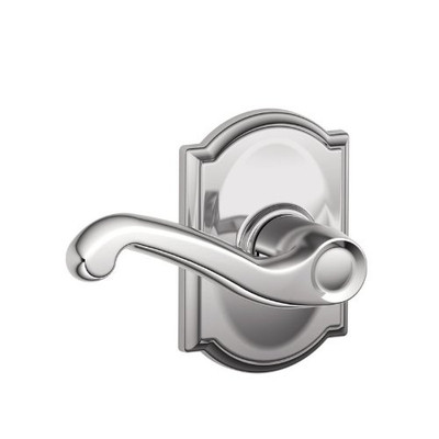 SCHLAGE F10FLA625CAM Lock Company Polished Chrome Passage Flair Door Lever Set with the Decorative Camelot Rose.