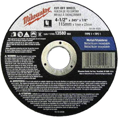 MILWAUKEE 288666 ELECTRIC TOOL Type 27 Cut-Off Wheel 4-1/2" x .045" x 7/8"