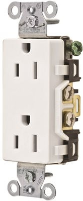 Hubbell 158841Hubbell COMMERCIAL GRADE DECORATOR DUPLEX RECEPTACLE, 15 AMP, WHITE