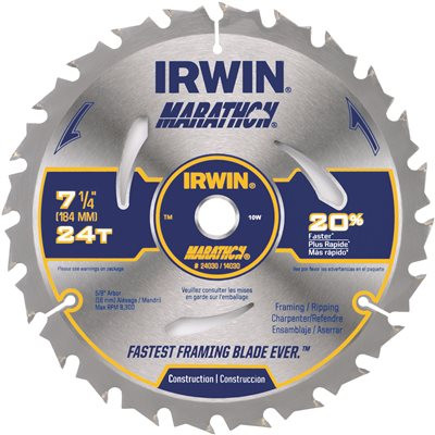 Vise Grip 286112 Irwin Marathon 7-1/4-Inch 24 Tooth ATB Framing and Ripping Saw Blade with 5/8-Inch and Diamond Knockout Arbor