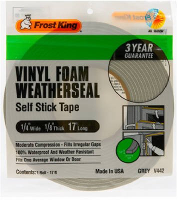 THERMWELL 471057 Frost King Vinyl Foam Tape - Closed Cell - Moderate Compression, 1/4" W, 1/8" Thick, 17' L, Grey